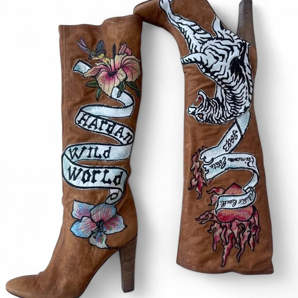 ARCHIVAL SS 2003 Roberto Cavalli "Wild World" Tattoo Suede Boots IT 37 US 6